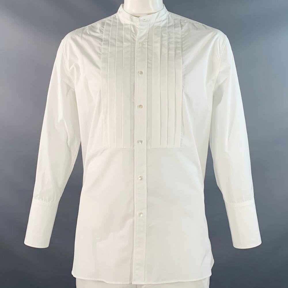 NILI LOTAN Size L White Cotton Pleated Collarless Tuxedo Long Sleeve Shirt